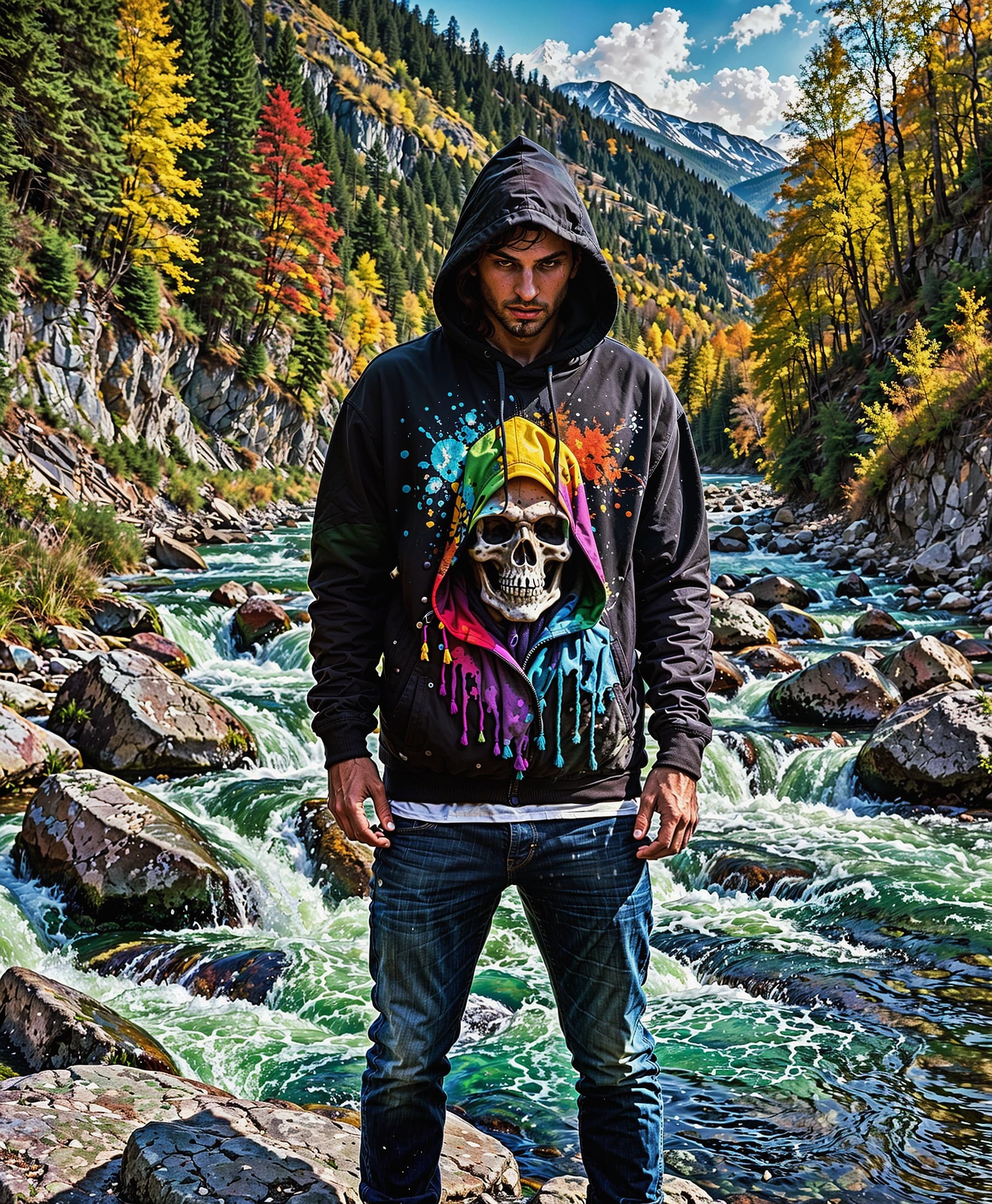 AI generated: An artwork with a reaper wearing a vibrant rainbow hoodie, standing by a flowing river. Ink splats a...