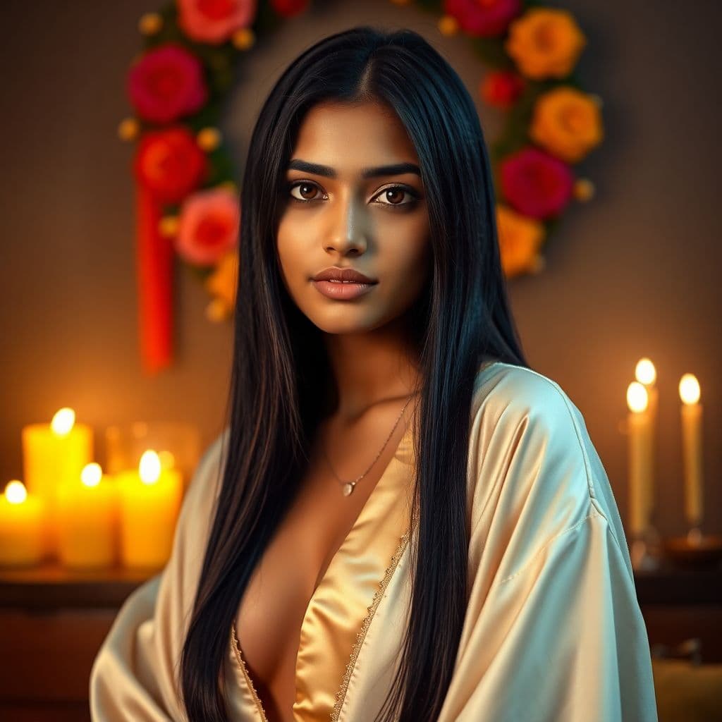 AI generated: DSLR realistic photograph of an 18 year old indian girl, with long, black hair, centered in the imag...