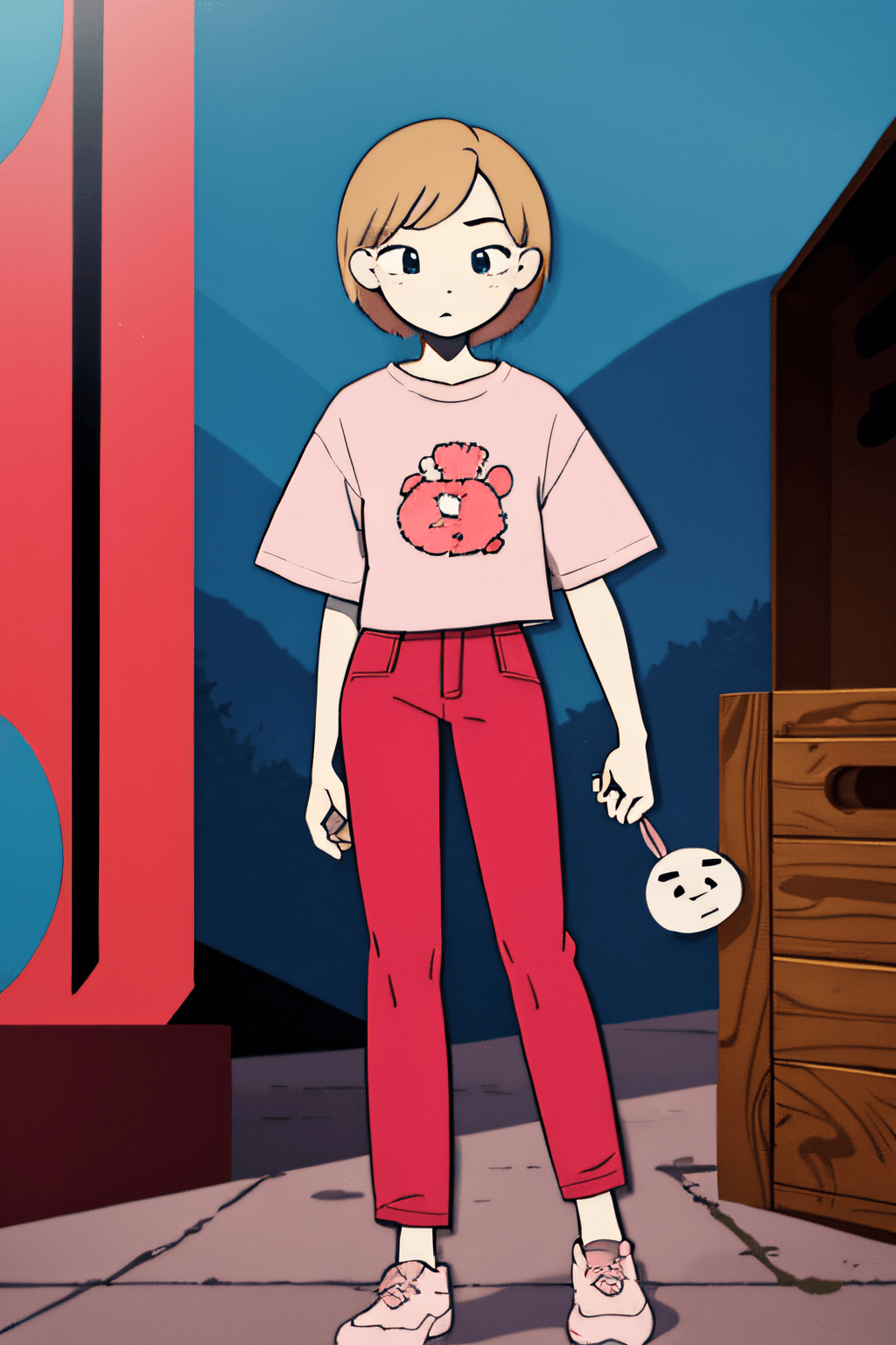 AI generated: girl,(prettify) fit,Nier, ,[1boy:1girl:0.25], masterpiece, highres,pink Torn Pants,1990s
