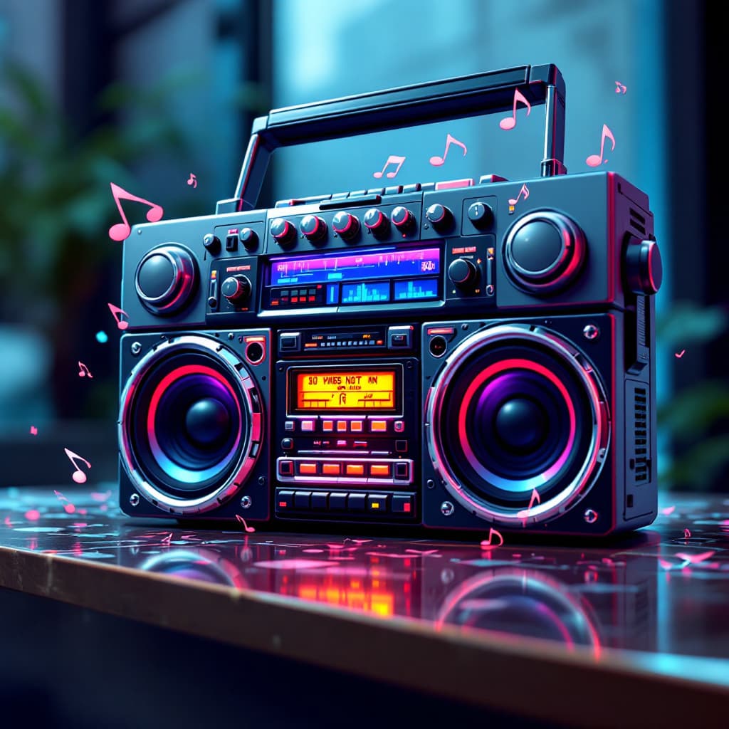 AI generated: Hyper realistic eye level exterior photo of A cartoon-style boombox with musical notes and sound wav...