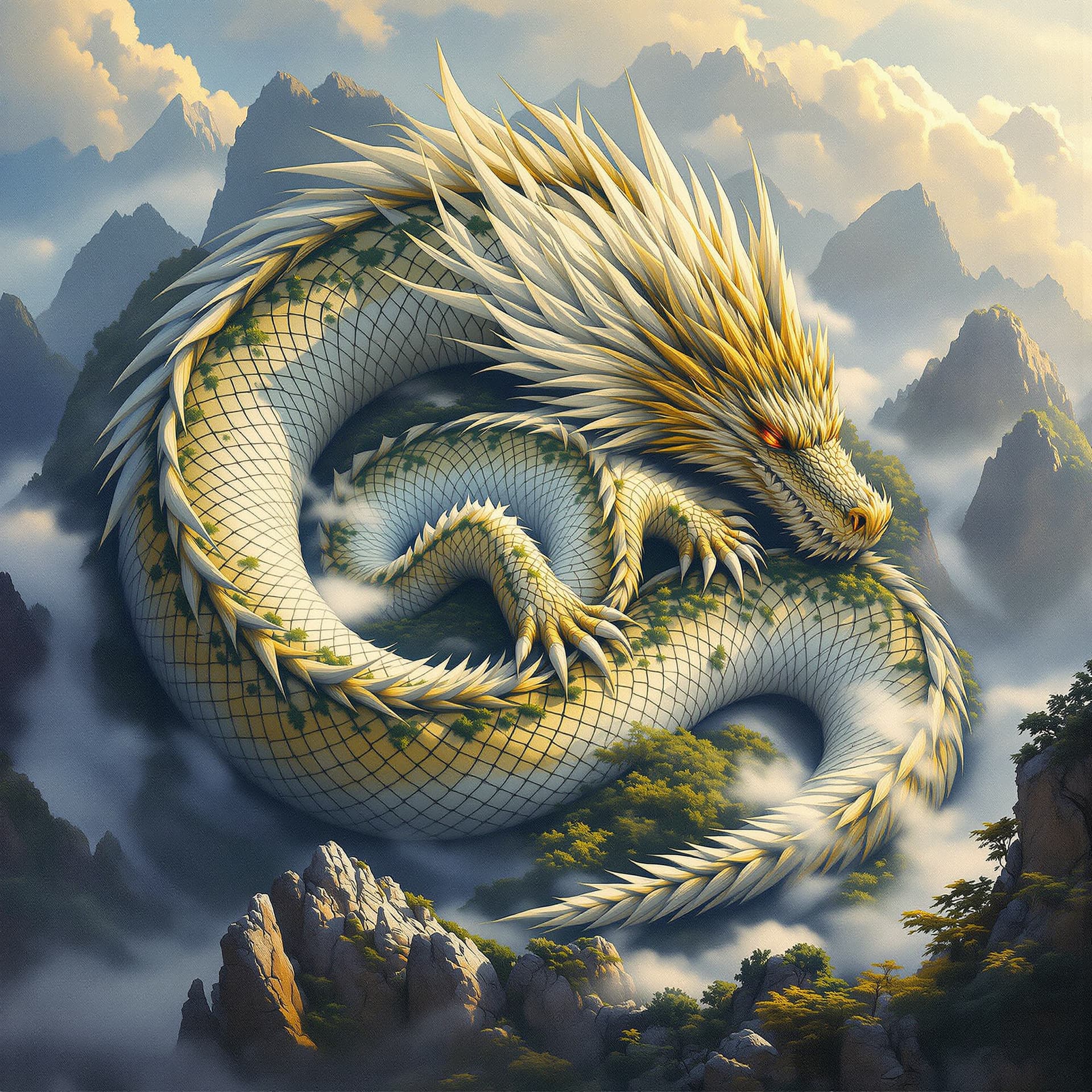 AI generated: A highly detailed acrylic painting depicting a majestic mountain whose contours and ridges form the ...