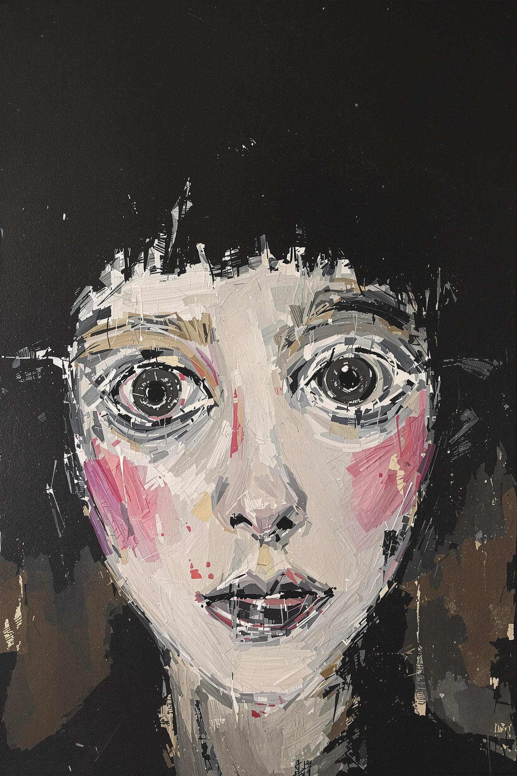 AI generated: artistic, oil painting, face, portrait of girl, empty eyes, grainy touch, minimalist avant-garde, ri...
