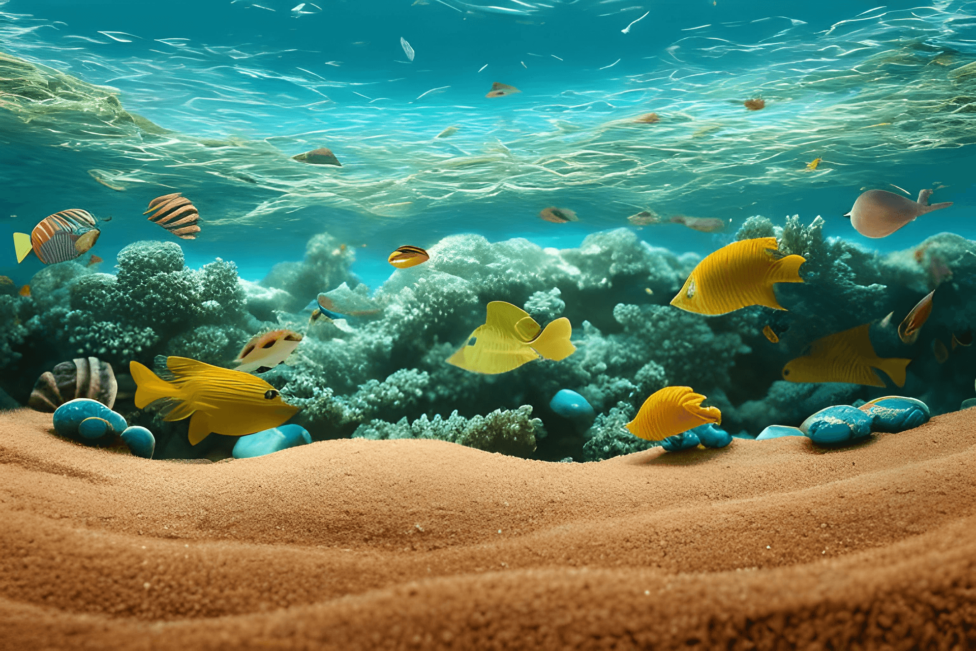 AI generated: 200 mm macro lens photo of sea bed, sand and pebbles under most beautiful stormy waves, sea shells a...