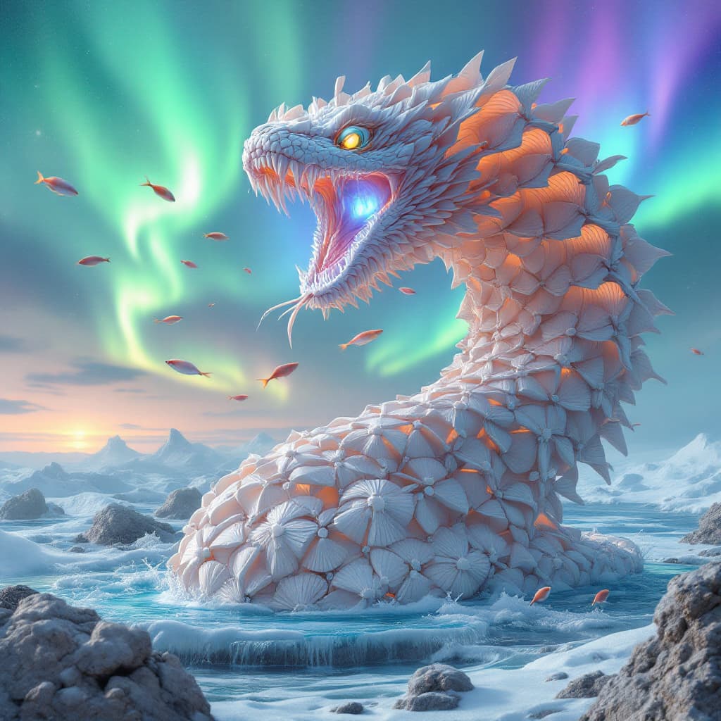 AI generated: Panopticon Hidden Horizons: Arctic Cyber Elves fishes congregation around a water and Tornado water ...