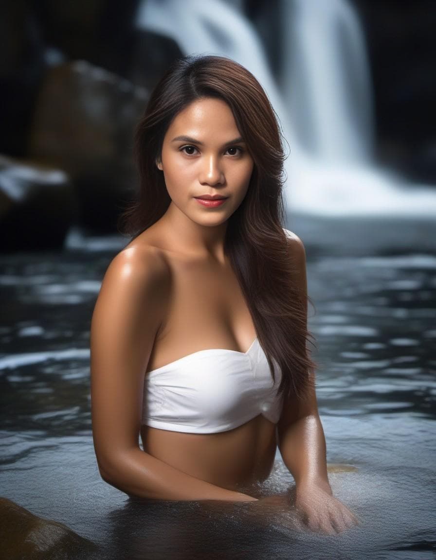 AI generated: HDR photo of woman, wearing white, sits in waterfall, her wet brunette hair hangs down over her shou...