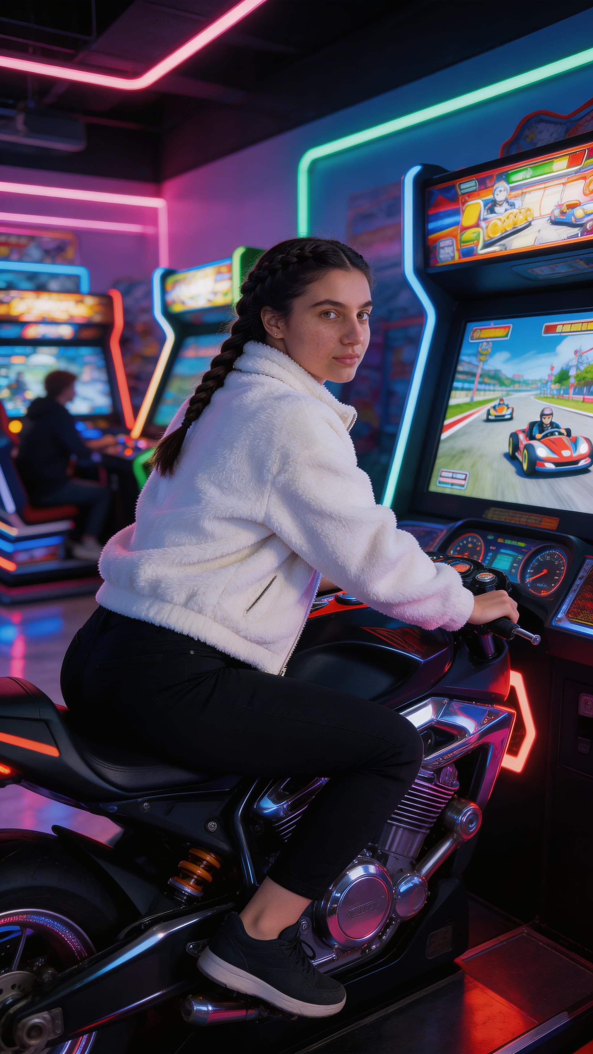 AI generated: Ultra-realistic photo of a young woman with dark braided hair sitting on an arcade motorcycle racing...
