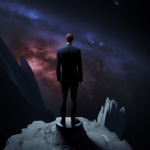 AI generated: a man standing at a podium at the precipice of the galaxy