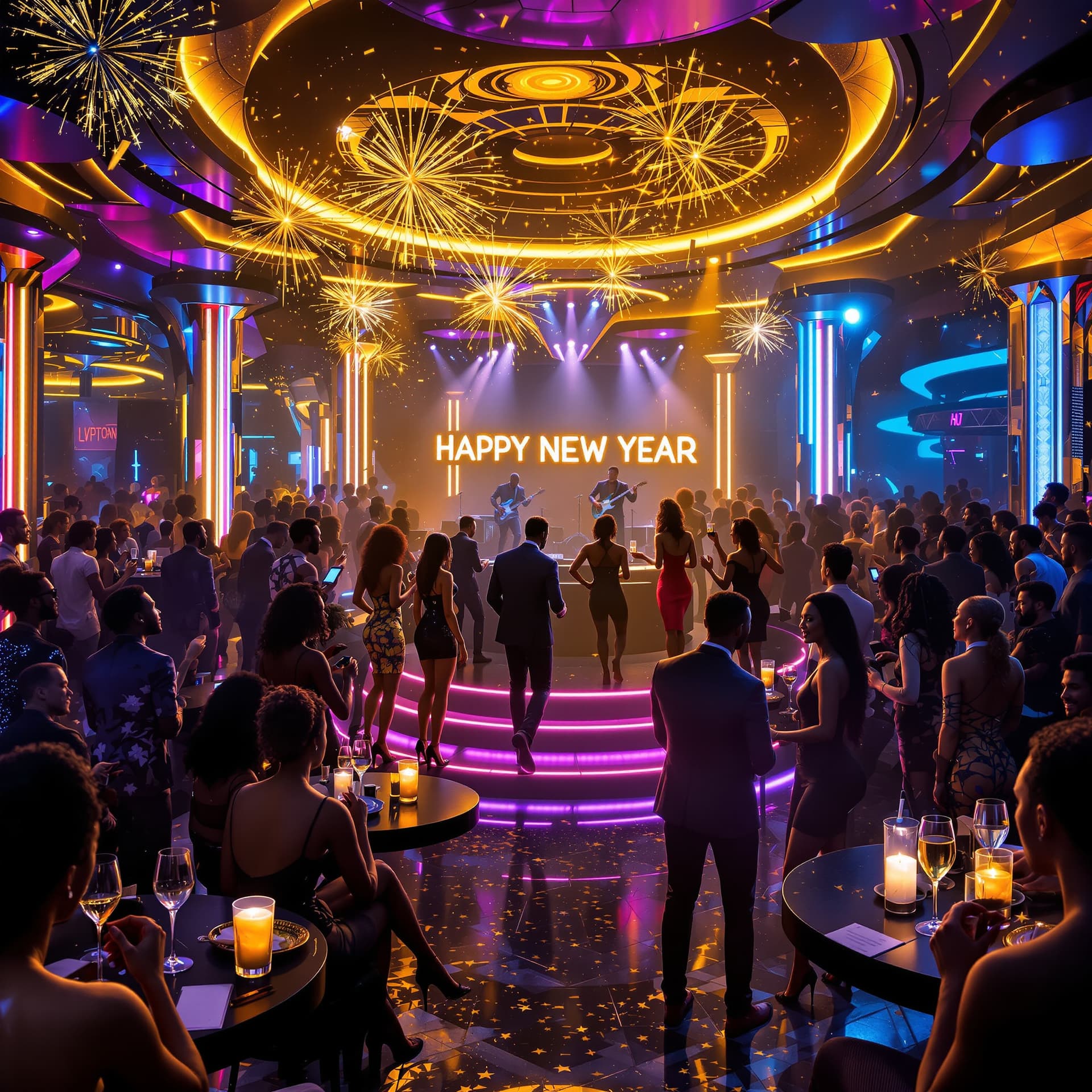 AI generated: A vibrant, high-resolution scene inside a futuristic afrocentric blues club, filled with joyful peop...