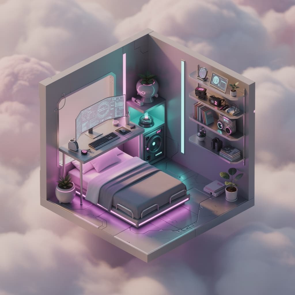 AI generated: Backround to be in cute fluffy clouds ,cute isometric cyberpunk bedroom, cutaway box, futuristic, hi...