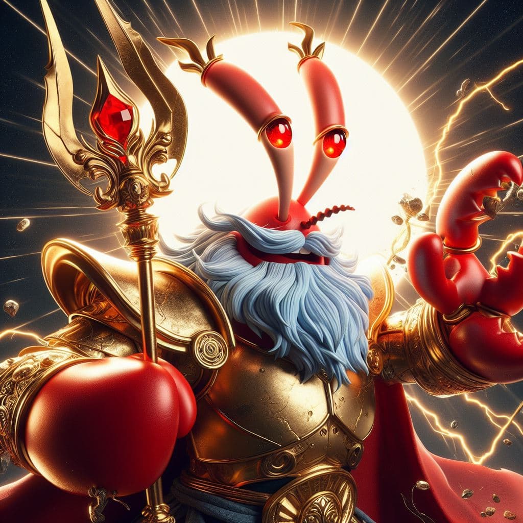 AI generated: Mr.Krabs is the mightiest god using his sword, red eyes, heroic pose, divine and celestial light, ma...