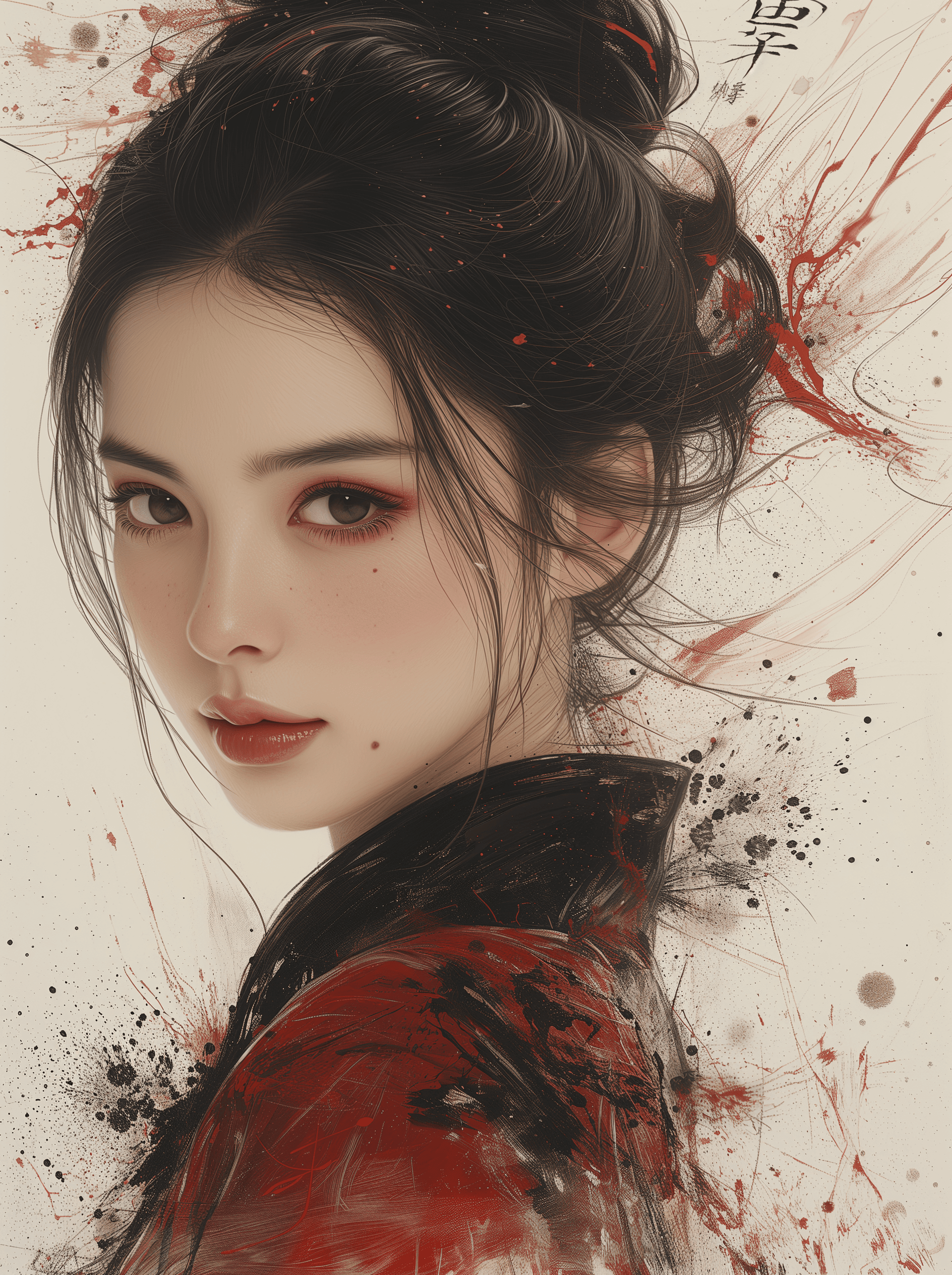 AI generated: a painting of a woman in red with black hair, in the style of delicate ink washes, epic fantasy scen...