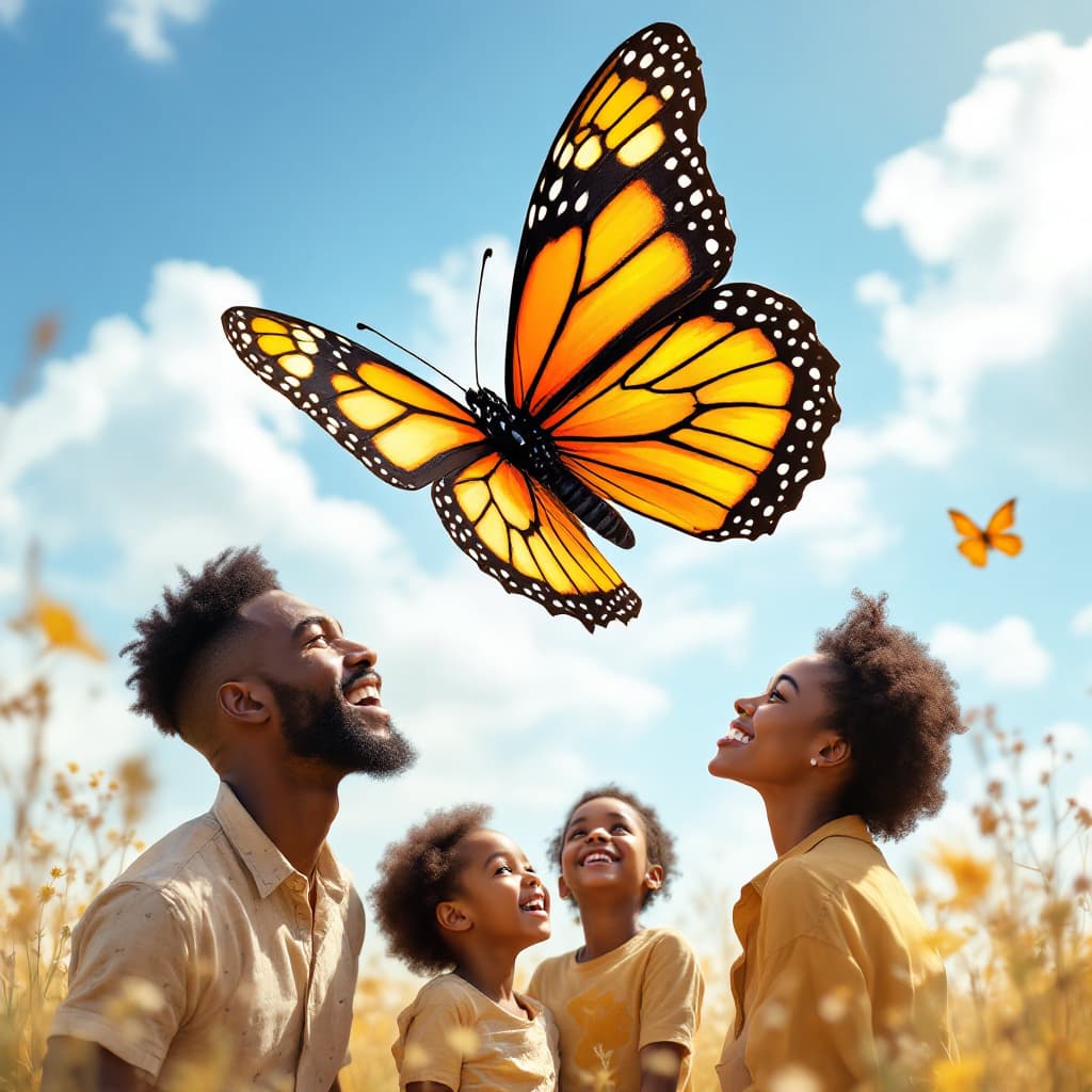 AI generated: a picture of a large butterfly  with beautiful colours in summer flying with a group of family consi...