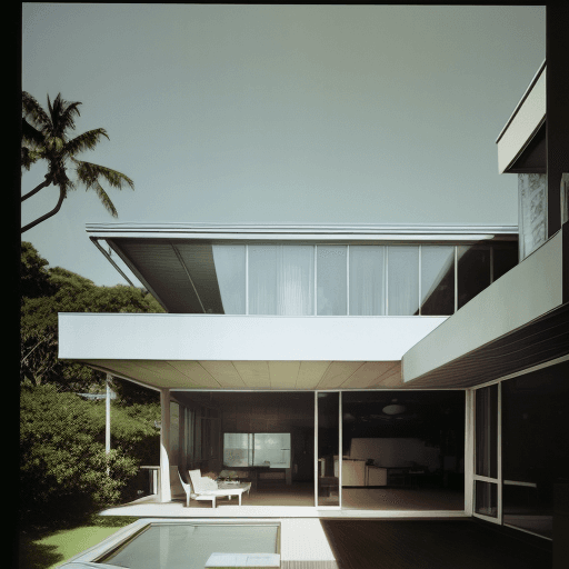 AI generated: Hyper realistic eye level exterior photo of a mid century modern style house overlooking the ocean, ...