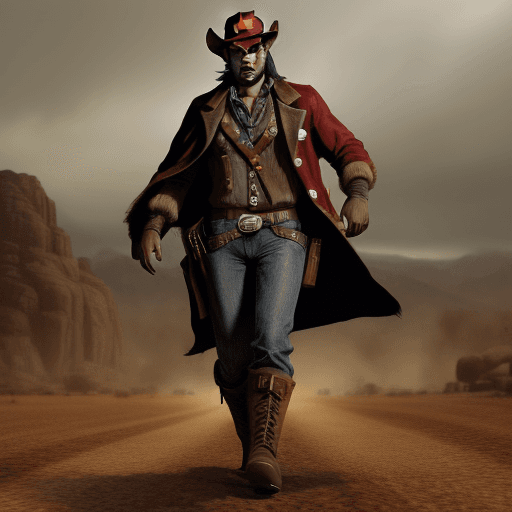 AI generated: Super Mario dressed as a cowboy from Red Dead Redemption, Mario has a pancho, a cowboy hat, boots, c...