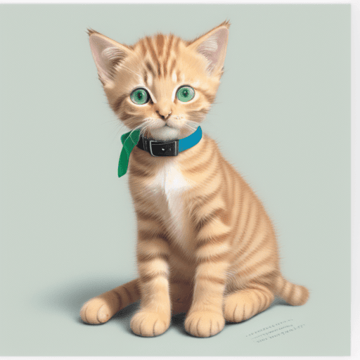 AI generated: Orange striped tabby kitten, white legs, green eyes, and a blue collar, pencil drawing, digital grap...