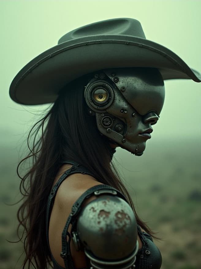 AI generated: photograph {((zombie girl)), new mech in a futuristic style and wearinf and metal shining hat in his...