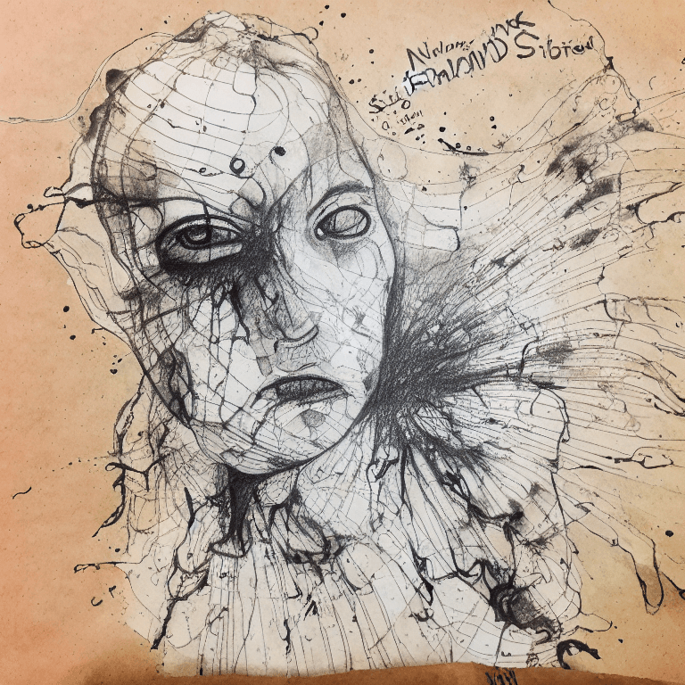 AI generated: Ink illustration,  paranoid, annotated, messy, disorganized, with Anatomical non -finished drawing, ...