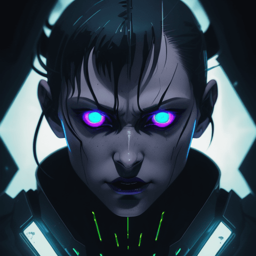 AI generated: frank miller illustration, dark anime, Arcane, bladerunner, villain frontal facial close up uplit fr...