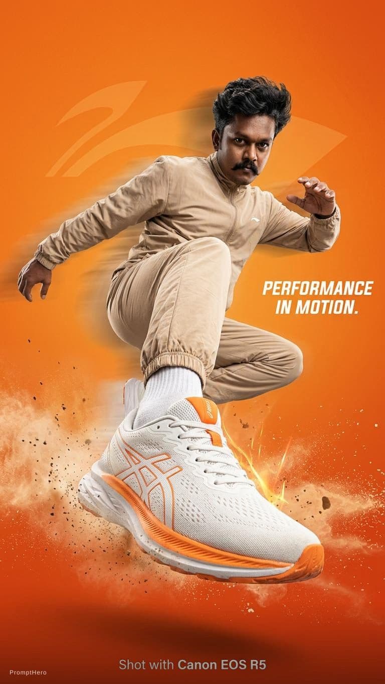 AI generated: A dynamic sportswear advertisement featuring a young athletic male model captured mid-air in an expl...