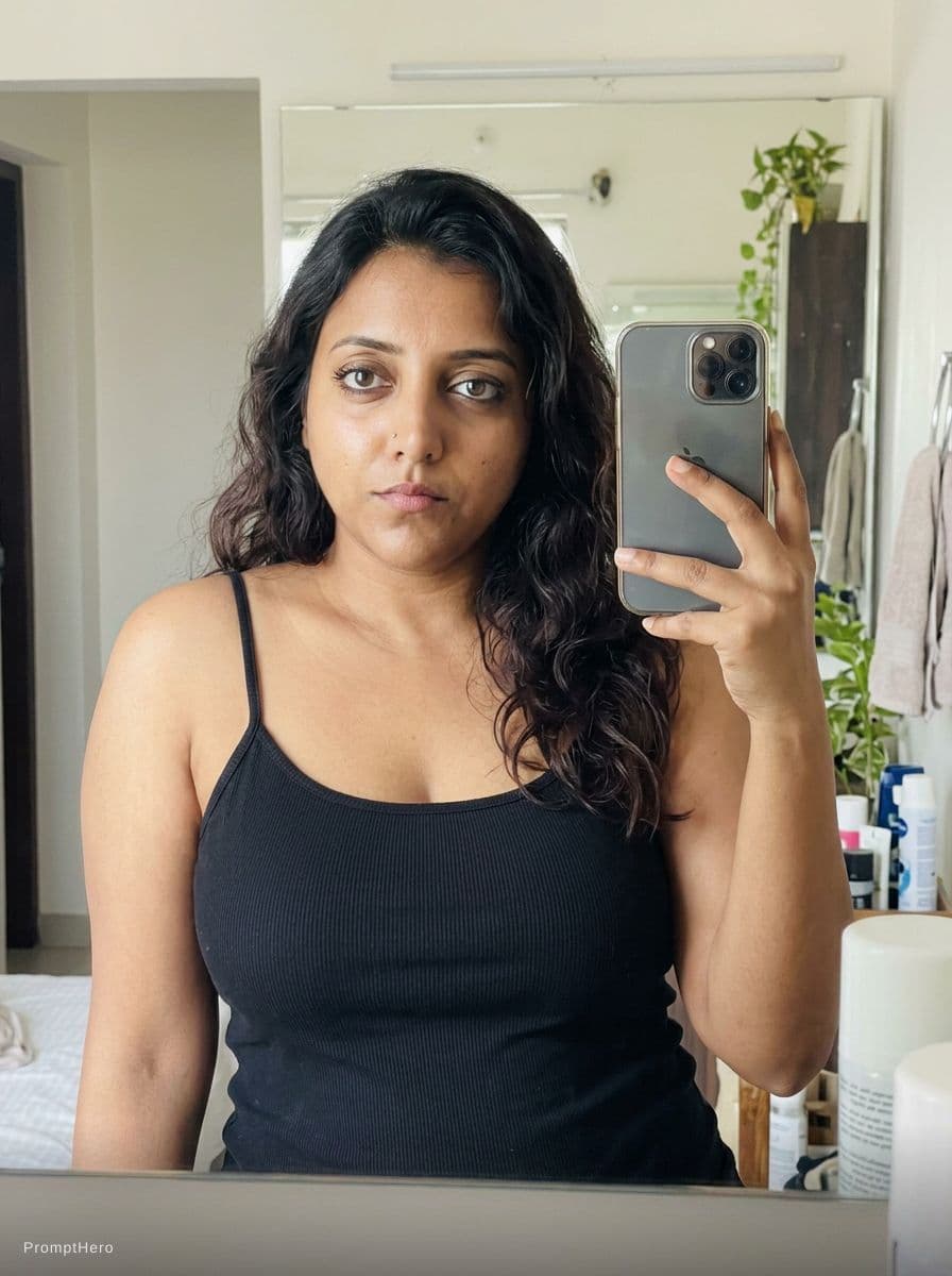 AI generated: Ultra realistic, mirror self shot picture of a curvy women, wearing camisole, looking at the viewer,
