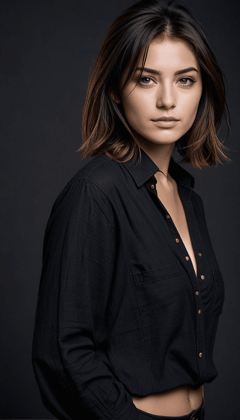 AI generated: An  image of a woman with a serene and thoughtful expression. She is wearing a casual, unbuttoned bl...