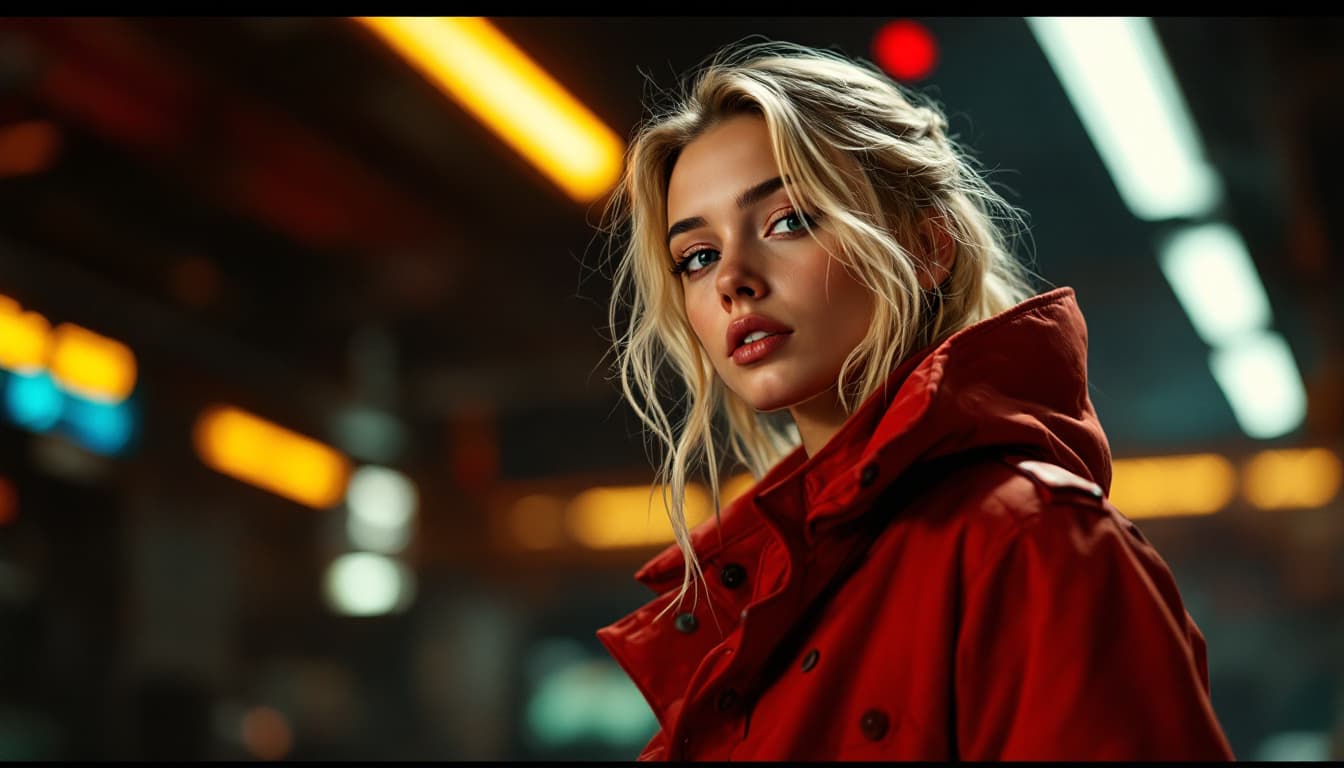AI generated: big blond girl in a red jacker  is posing, soft, atmospheric lighting --chaos 33 --ar 1:2 --profile ...
