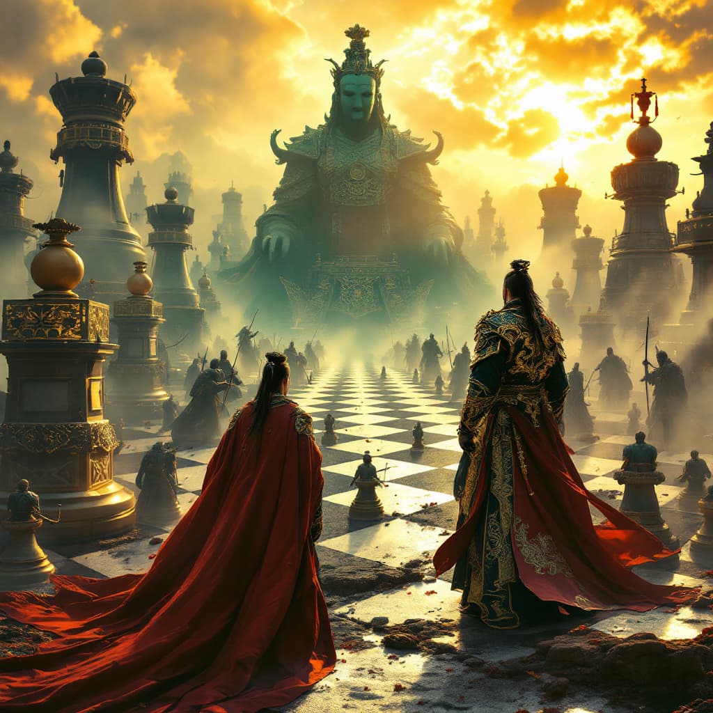 AI generated: A legendary Chinese general, inspired by Sun Tzu, standing on a massive battlefield that transforms ...