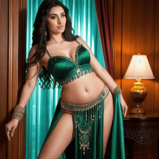 AI generated: A stunning 25-year-old belly dancer stands poised, her mesmerizing deep green eyes shining like emer...