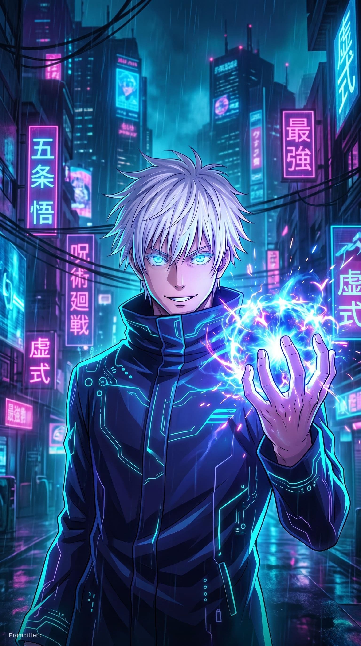 AI generated: Create an image of Satoru Gojo, where he is holding a power in his hand, without his glasses, with a...