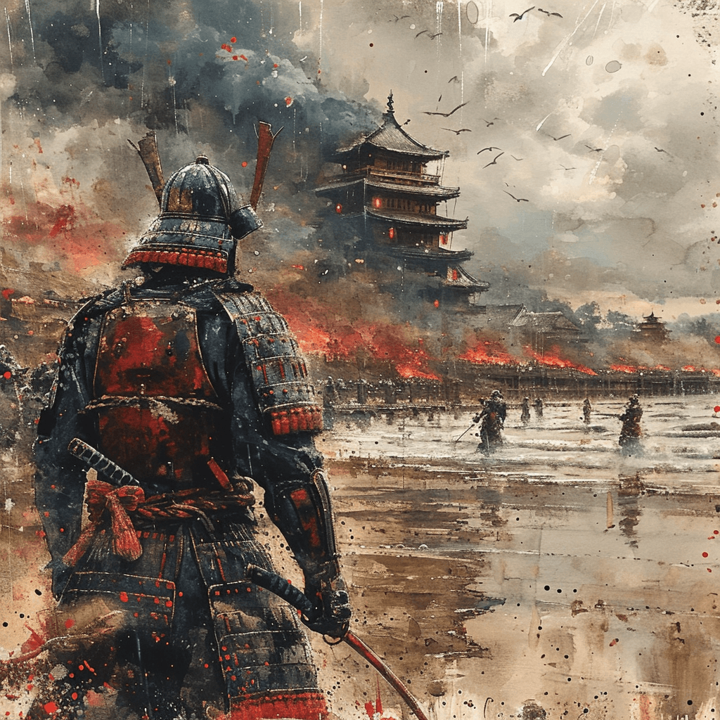AI generated: water color painting of Shogun on a dreary gloomy beach depressed and angry on the bay of japan, Tra...