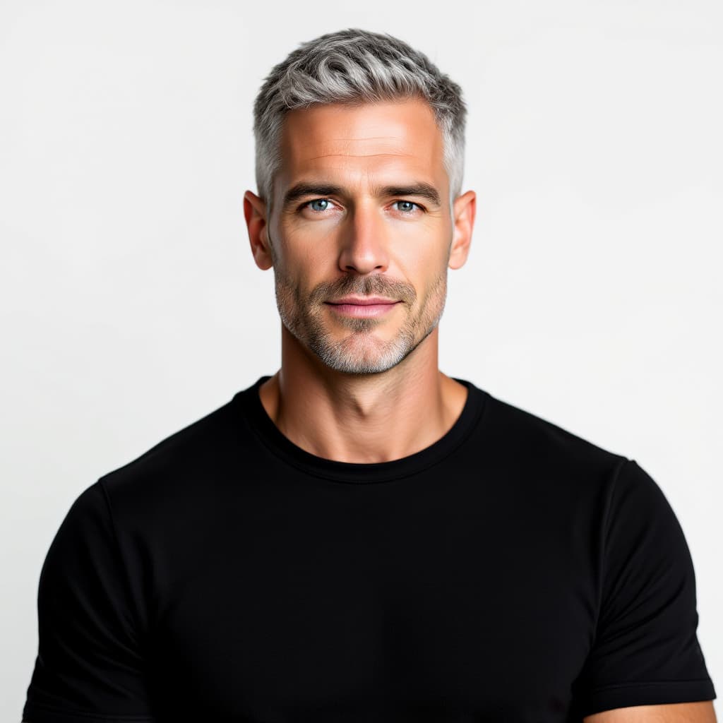 AI generated: Portrait of a 45-year-old white American man, fair skin, short salt-and-pepper hair, strong jawline,...