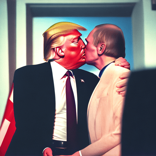 AI generated: trump loves putin, hug, kiss, realistic photo, ray tracing, perfect eyes, cozy bright room film grai...
