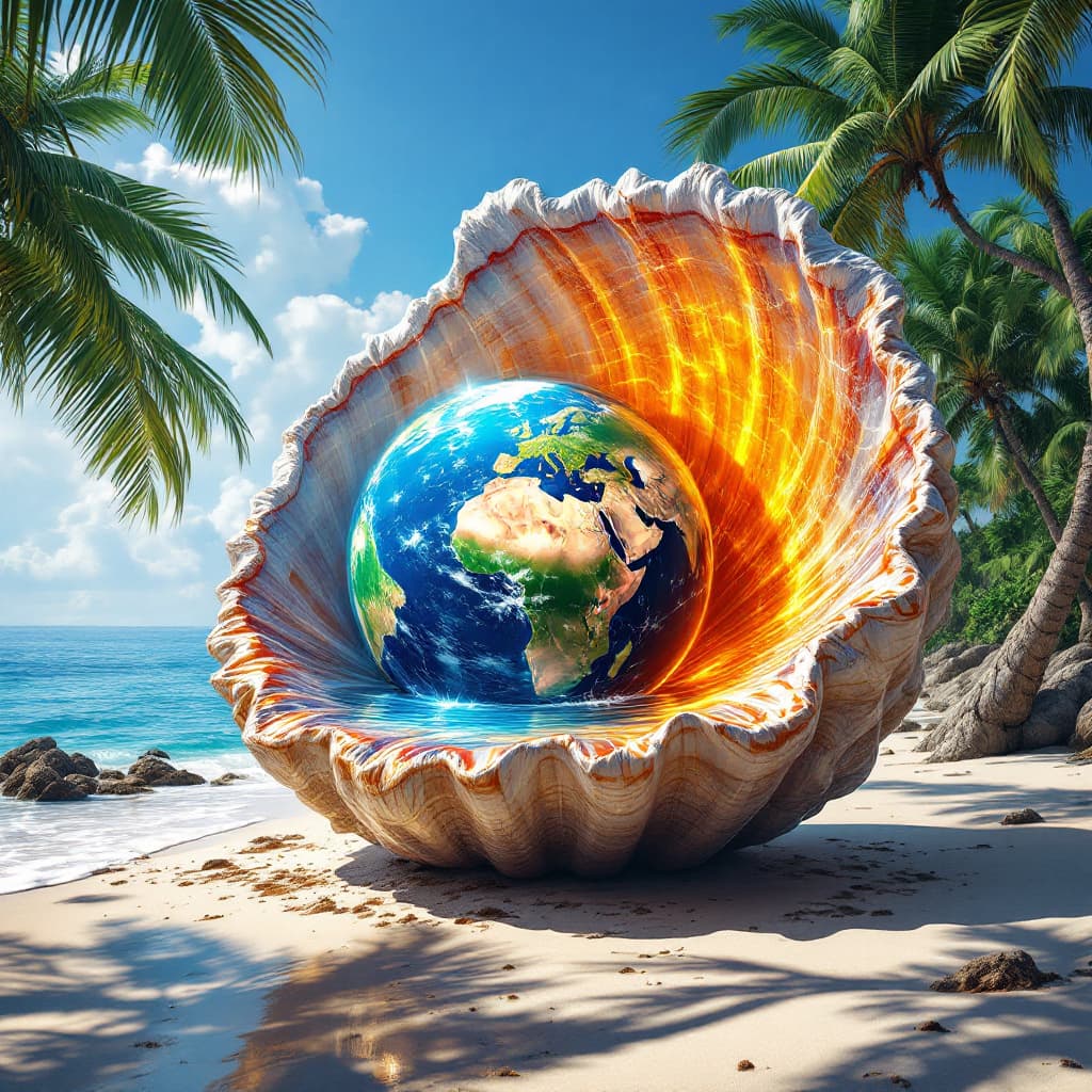 AI generated: the (((planet earth!))) inside a giant clam shell on a beach, palm trees, blue ocean, beautiful, epi...