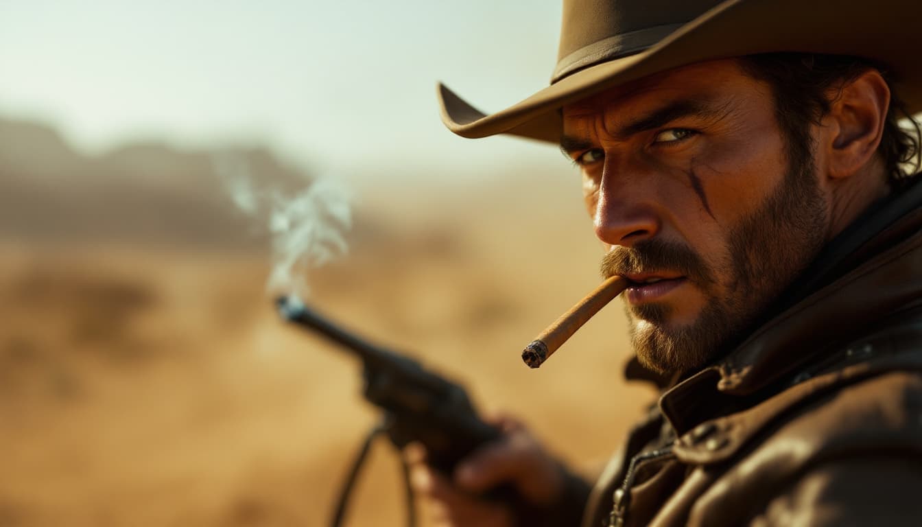 AI generated: george bull, same style, same color, desert , cinematic, dust, grain, burning cigar, leather gilet, ...