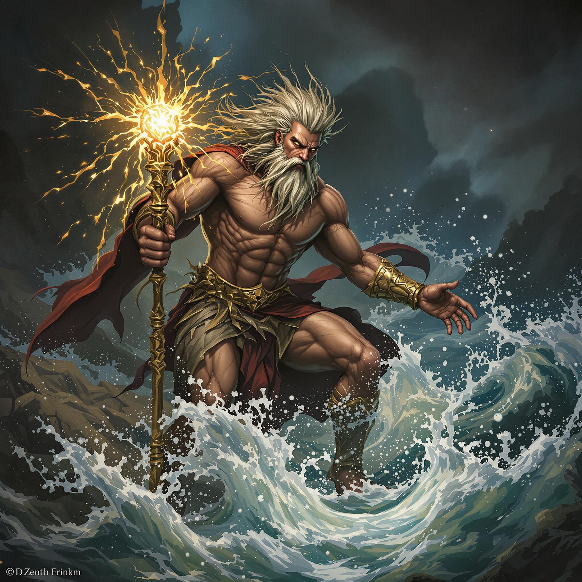 AI generated:  zeus and sea figth craken