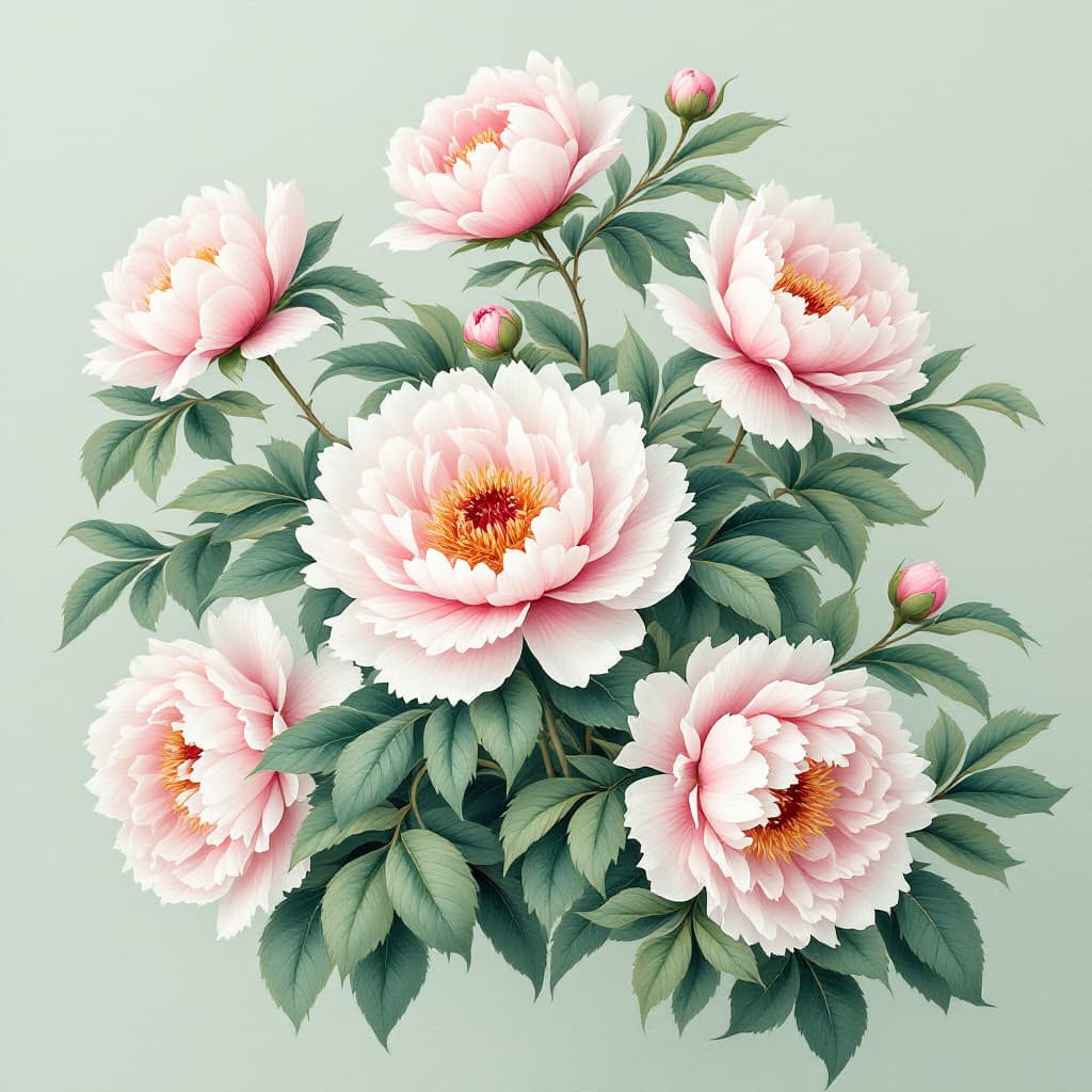 AI generated: Beautiful Chinese peonies decorate the soft light green canvas