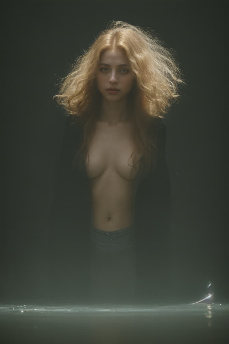 AI generated: standing in-front a waterfall, starlit night sky, greenery all around, full body photo of a young (v...