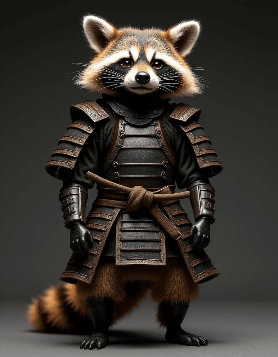 AI generated: A highly detailed, photo-realistic depiction of a raccoon samurai. The raccoon stands on two legs, w...