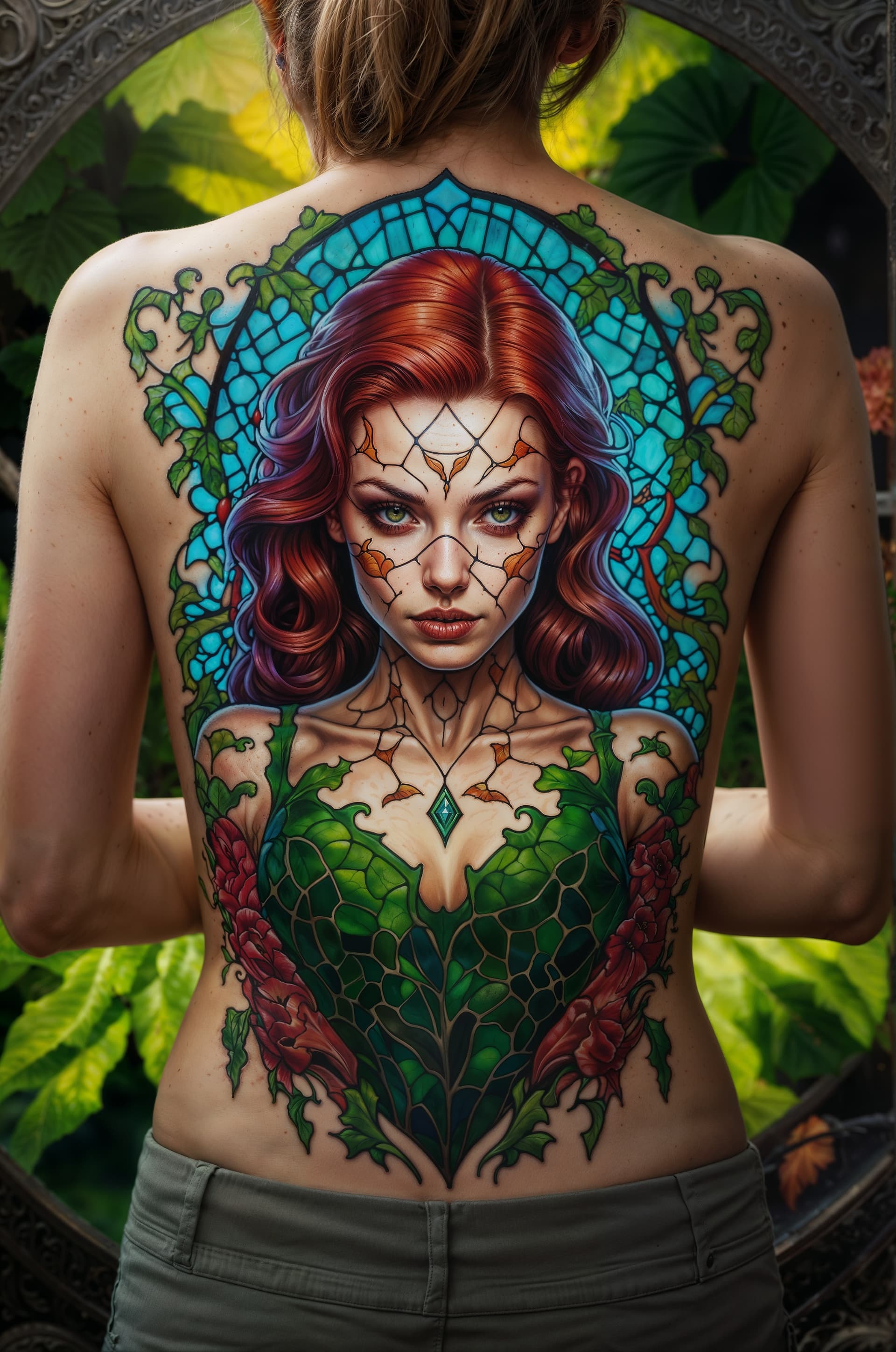 AI generated: A colorful stained tattoo design of villainy posion-ivy, detailed poison-ivy character tattooed on a...