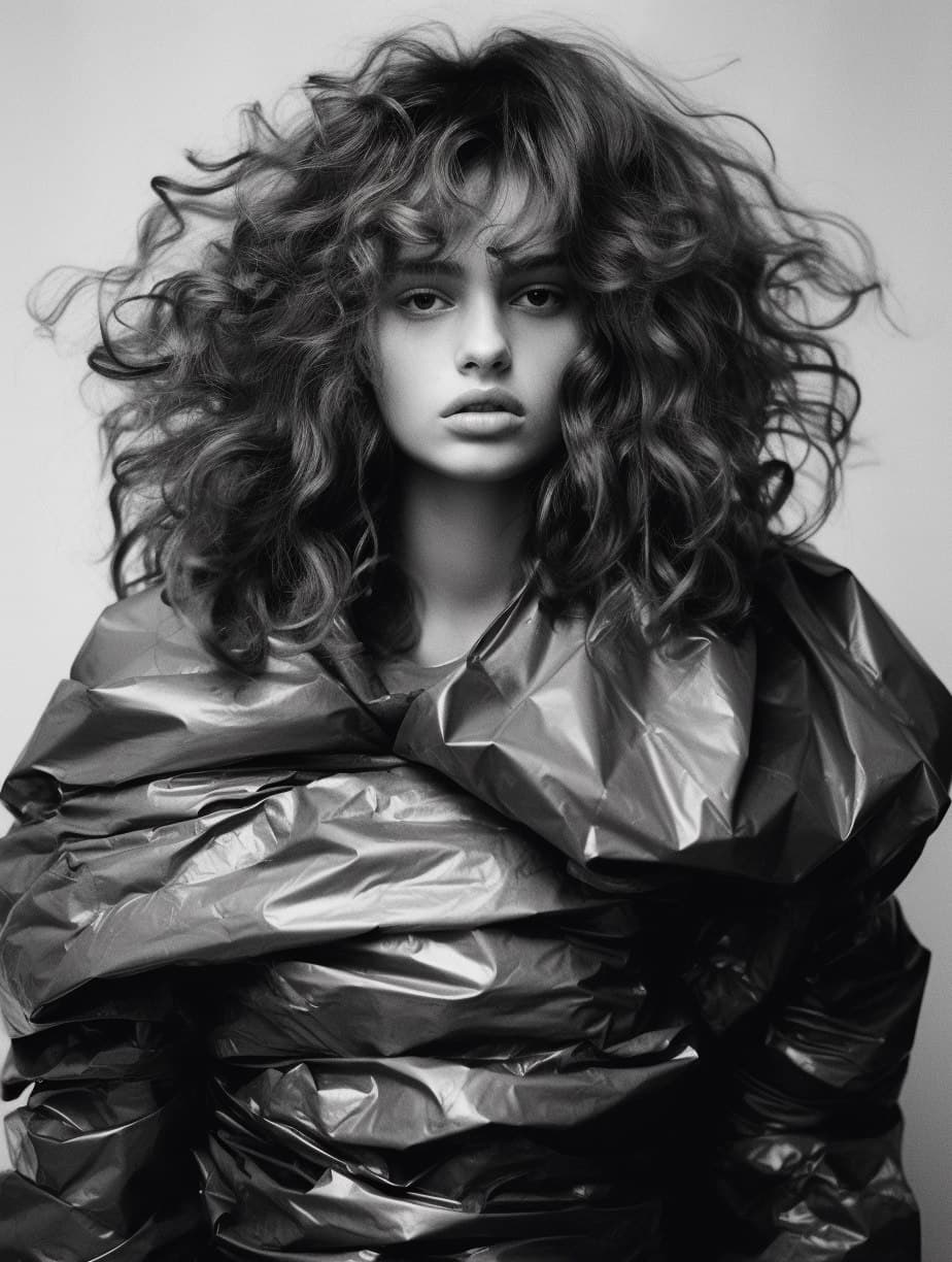 AI generated: photo of a woman , i-d magazine, hair floating covering chest, she is about 1 6 years old. crop top ...