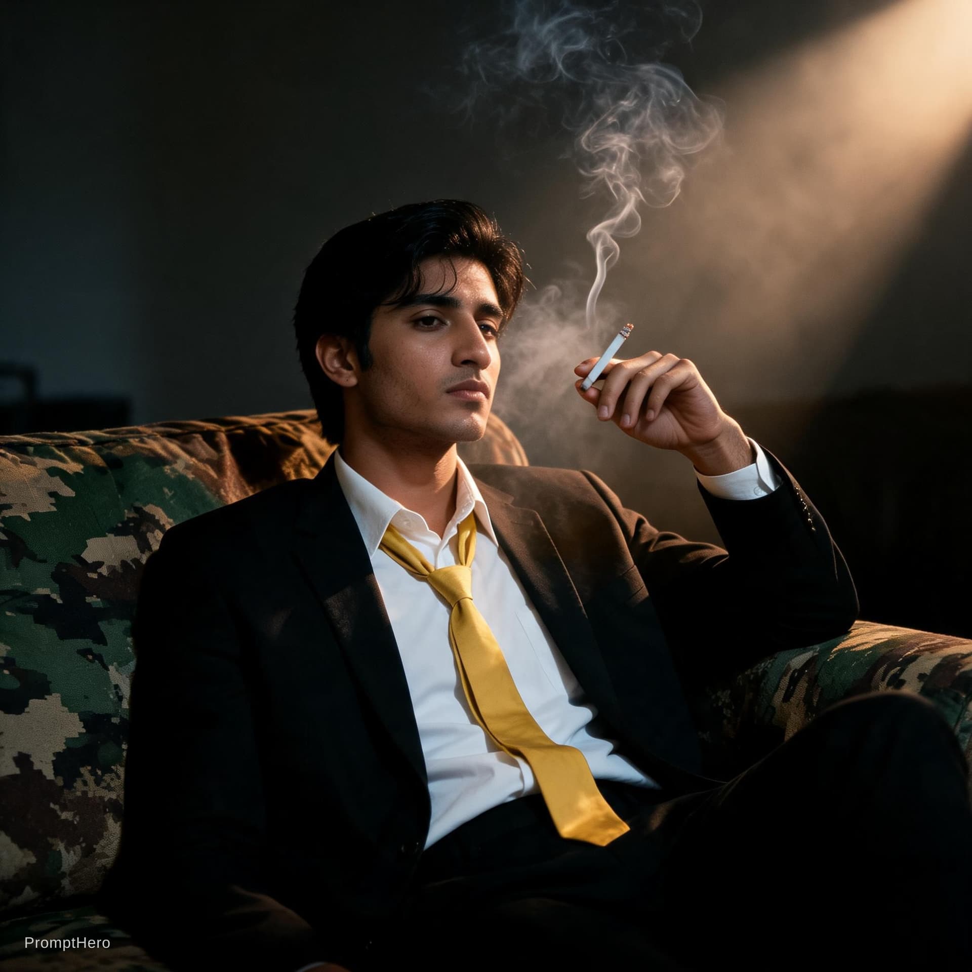 AI generated: photography, cover shoot, dimly lit room with a hazy atmosphere, capturing a professional male model...