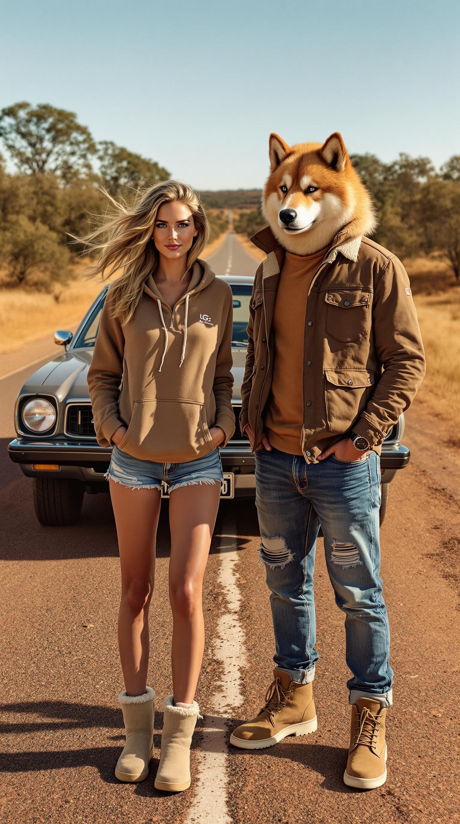AI generated: A sun-kissed woman with beachy waves, wearing a Zimmermann hoodie, denim shorts, and UGG boots. She ...