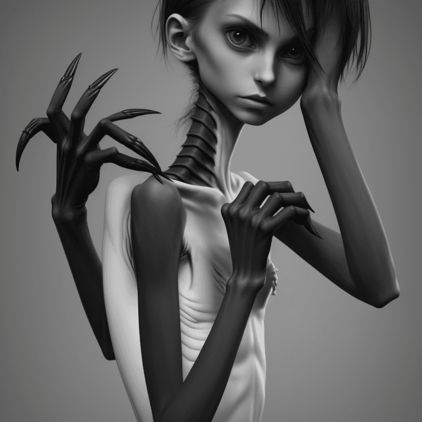 AI generated: woman's arms with hands with black long curved claws (almost claws) of skinny anorexic girl
