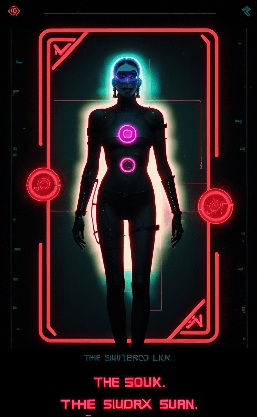 AI generated: Cyberpunk  The Sun Tarot Card, Words " The Sun", High Contrast, Neon, Cyberpunk, Futuristic, Sci Fi,...