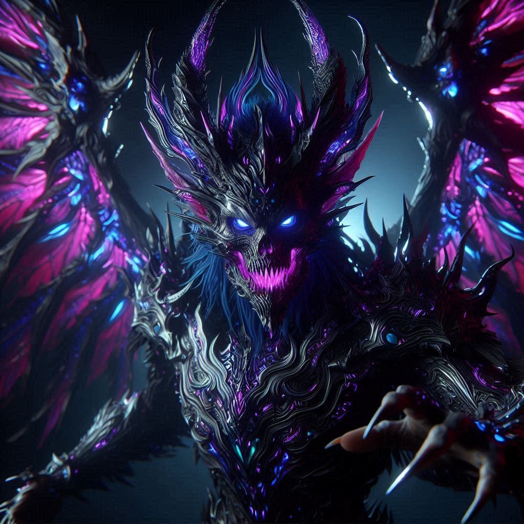 AI generated: a photo of 8k ultra realistic scary demon with 6 wings, full body, intricate purple and blue neon ar...