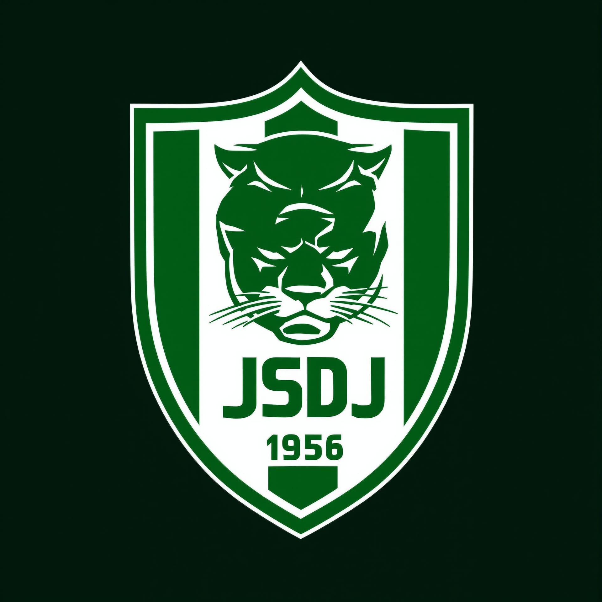 AI generated: A soccer logo with a shield shape. Colors  green and white, a panther in green , letters JSDJ in gre...