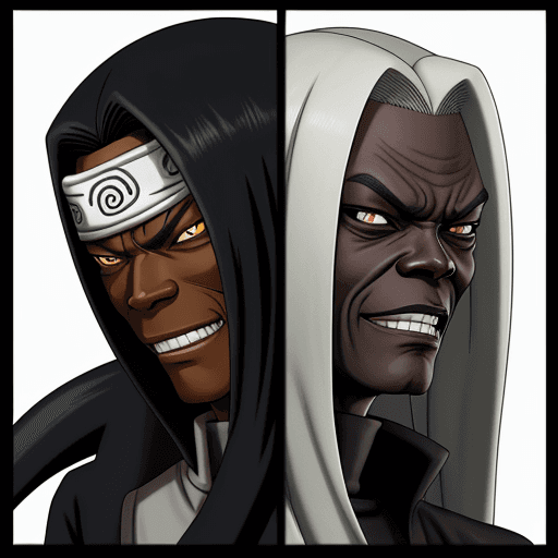 AI generated: Orochimaru from naruto but with the face of Samuel L. Jackson smiling