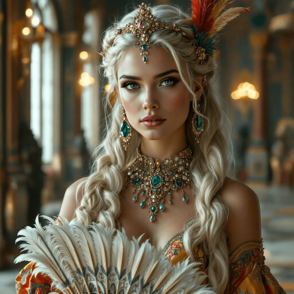 AI generated:  A regal princess with long, platinum blonde hair, styled with intricate braids and adorned with pre...