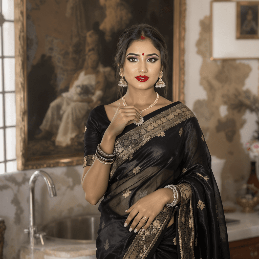 AI generated: busty indian girl with transparent b;ack saree