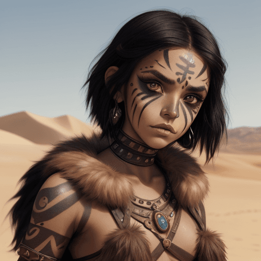 AI generated: a young warrior princess in a desert, with face paint, black hair, brown big eyes, short outfit made...